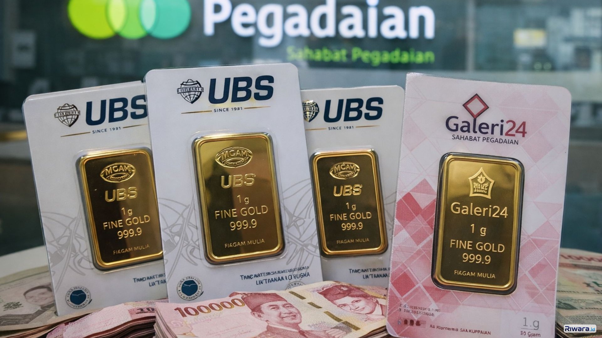 Emas batangan produksi UBS dan Galeri24 dipajang di gerai Pegadaian. Harga emas di Pegadaian pada Senin (9/3/2026) menjadi acuan masyarakat untuk investasi logam mulia.